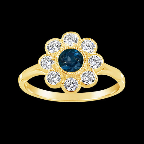 9ct Yellow Gold Blue Topaz and Cubic Zirconia Cluster Ring