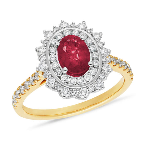 9ct Yellow Gold Ruby & Diamond Double Halo Ring
