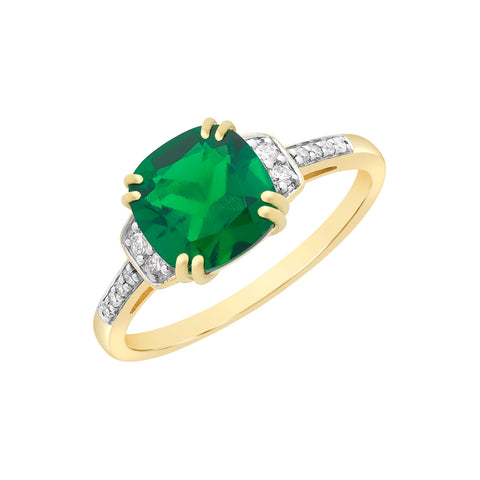 9ct Yellow Gold Cushion Created Emerald & Diamond Ring