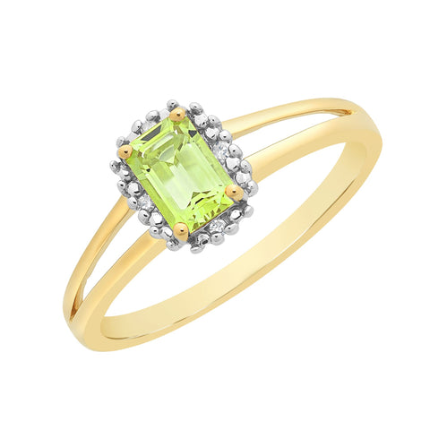 9ct Yellow Gold Emerald Cut Peridot & Diamond Ring