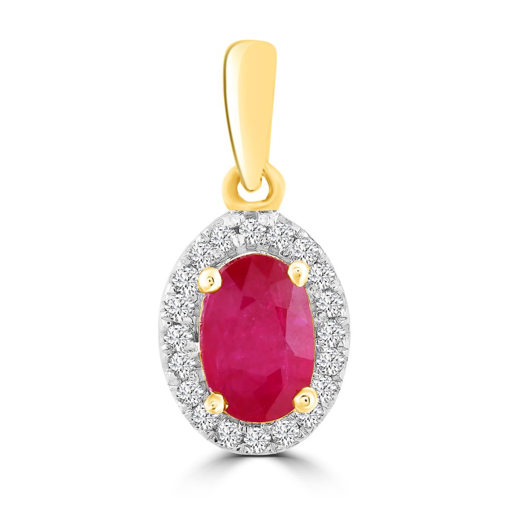 9ct Yellow Gold Diamond Halo And Oval Ruby Pendant