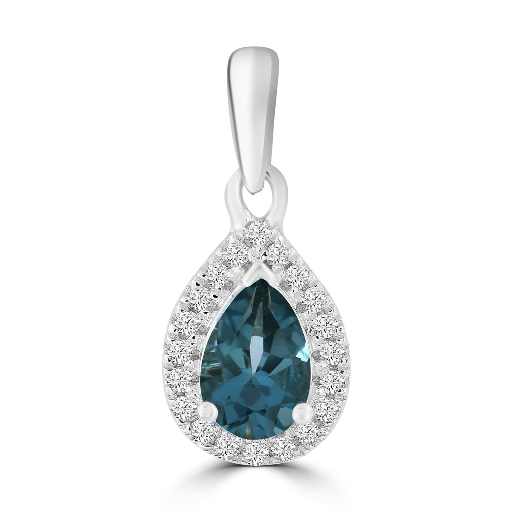 9ct White Gold Diamond And Pear Blue Topaz Pendant