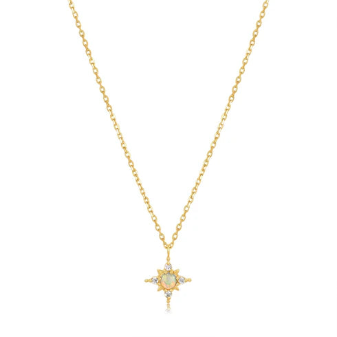 14ct Yellow Gold Opal And White Sapphire Star Pendant On A 14ct Chain