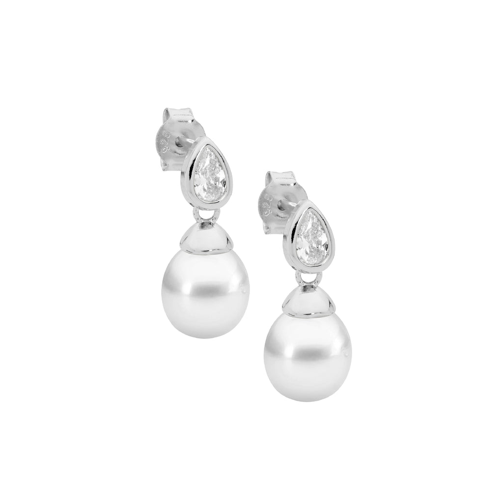 Sterling Silver Rhodium Plated Freshwater Pearl Drop Stud Earrings