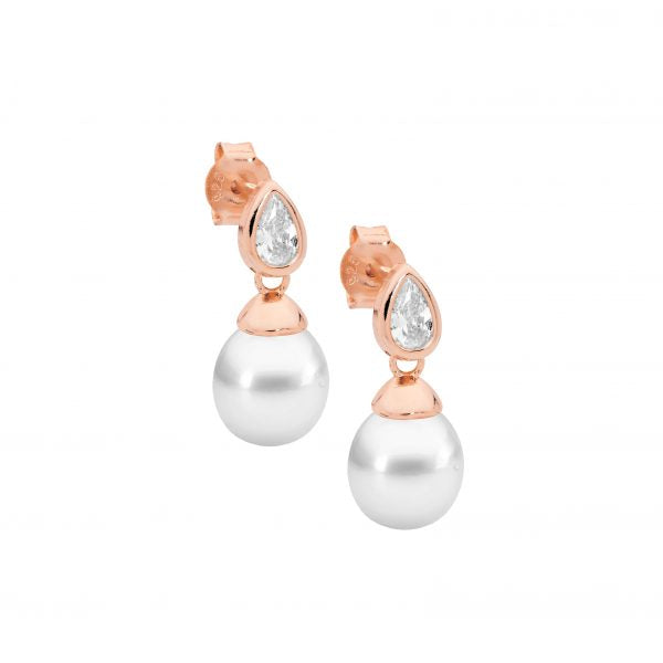 Sterling Silver Rose Gold Plated Freshwater Pearl Drop Stud Earrings