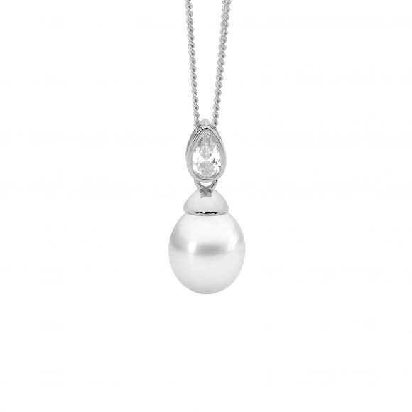 Sterling Silver Rhodium Plated Freshwater Pearl Pendant With Bezel Set Pear Cubic Zirconia