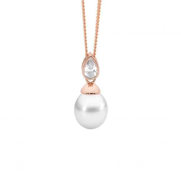 Sterling Silver Rose Gold Plated Freshwater Pearl Pendant With Bezel Set Pear Cubic Zirconia