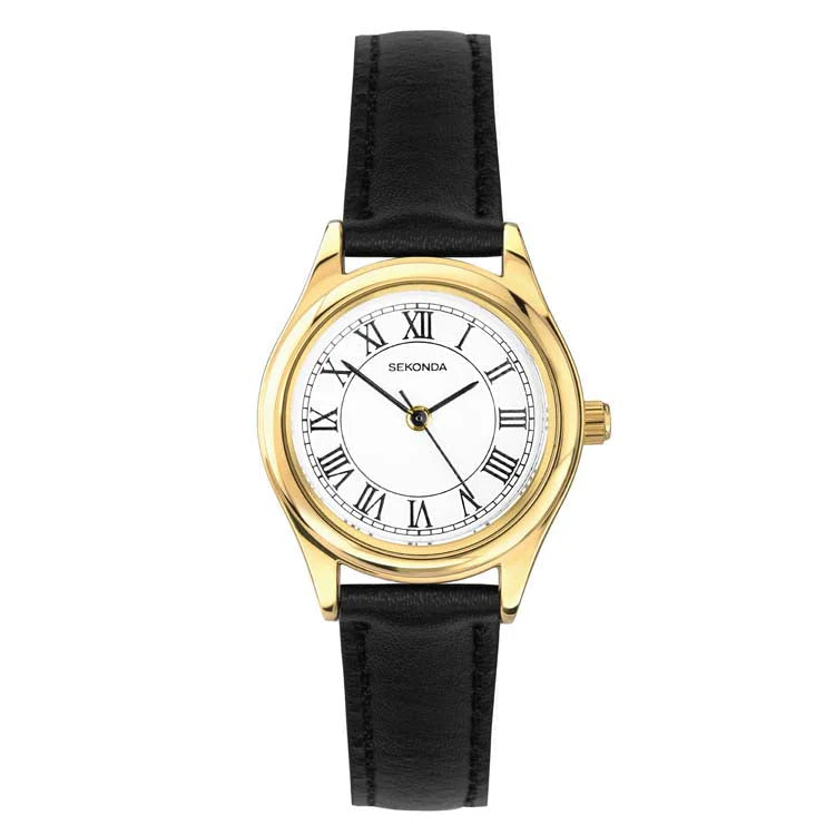 Sekonda Ladies "Evans" White Dial And Gold Plated Case With Black Leather Strap