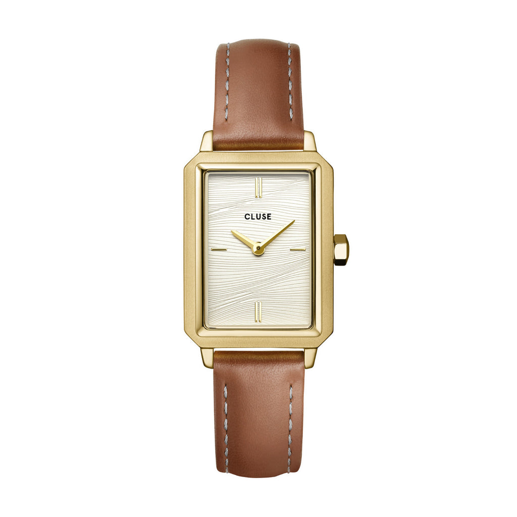 Fluette Leather Nutshell, Sand Texture White, Gold Watch