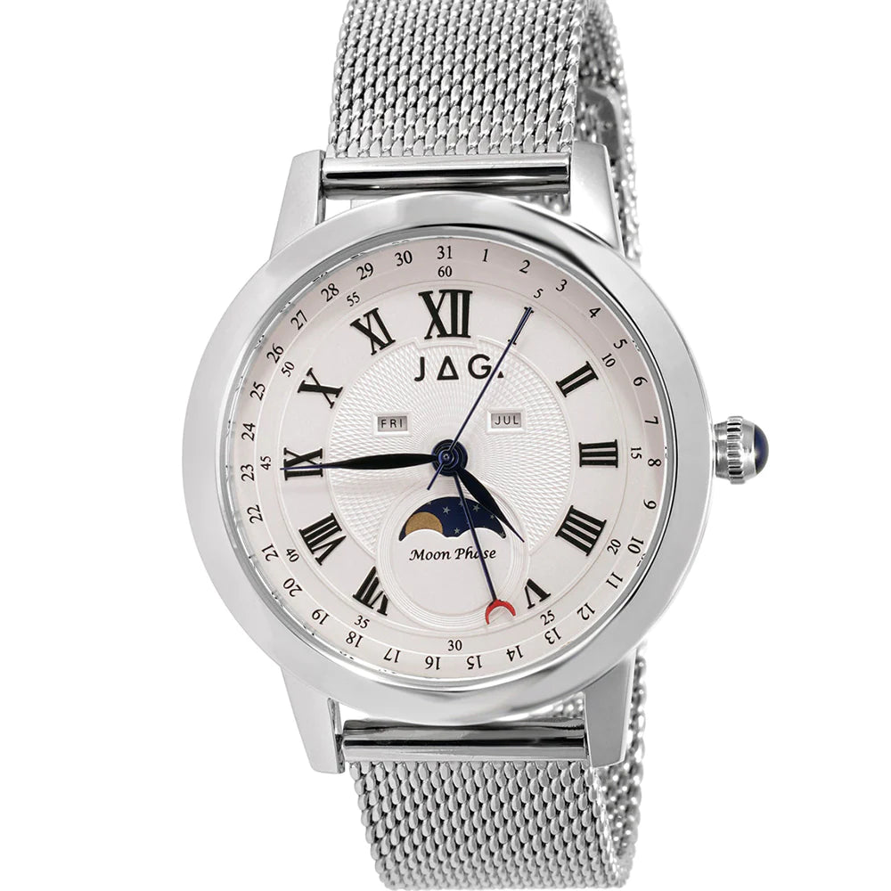 Mens "Mosman" JAG Moon Phase Watch White Dial With Silver Mesh Bracelet