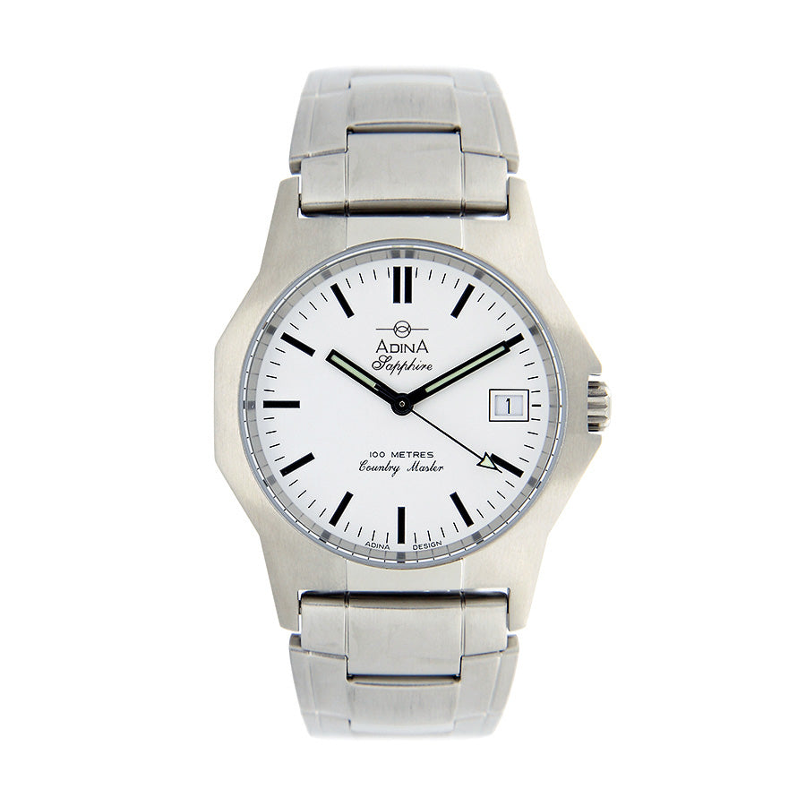 Adina Mens "Countrymaster" Work Watch White Dial Silver Bracelet