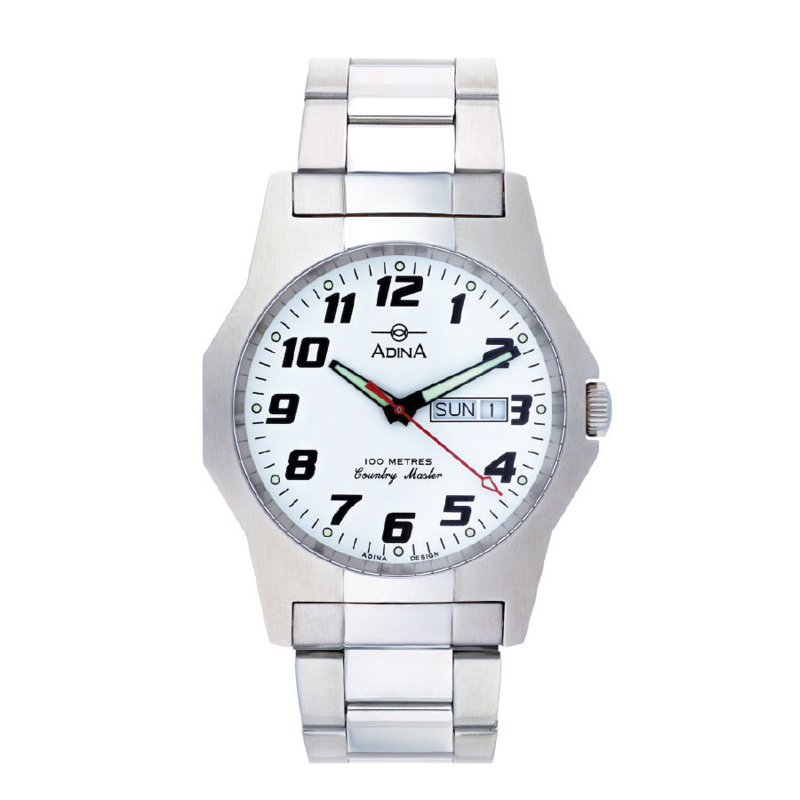 Adina Mens "Countrymaster" Work Watch White Dial Silver Bracelet