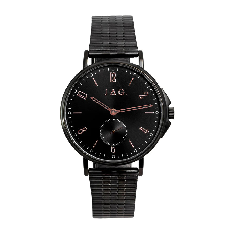 Mens Jag "Milton" Black Case Dress Watch With Rose Gold Features