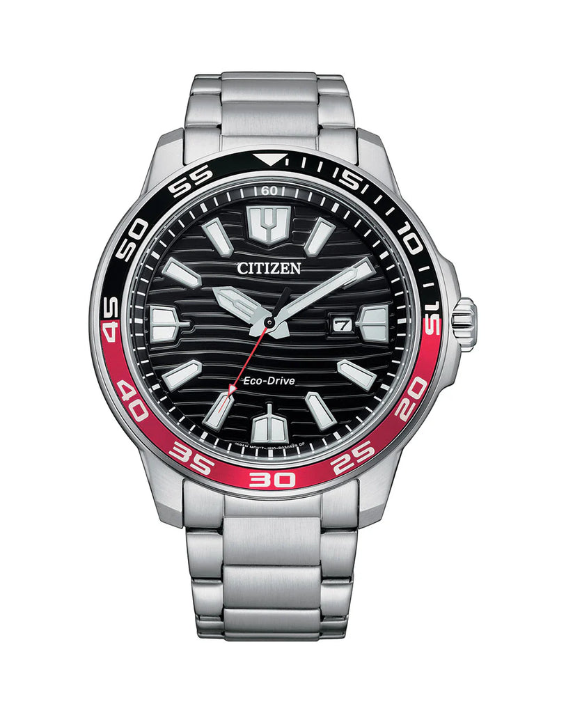 Mens Citizen Eco-Drive Stainless Steel Dress Watch With Red And Black Detail