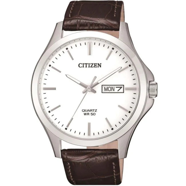 Citizen Mens Stainless Steel White Dial Watch With Brown Leather Strap