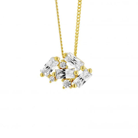Sterling Silver Gold Plated Pendant With Staggered Round And Baguette Cubic Zirconias
