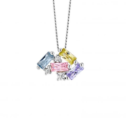 Sterling Silver Pendant With Pastel Muliti-Coloured Round And Baguette Cubic Zirconias