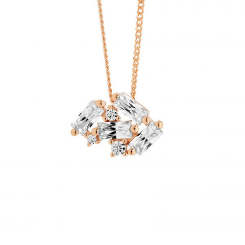 Sterling Silver Rose Gold Plated Pendant With Staggered Round And Baguette Cubic Zirconias