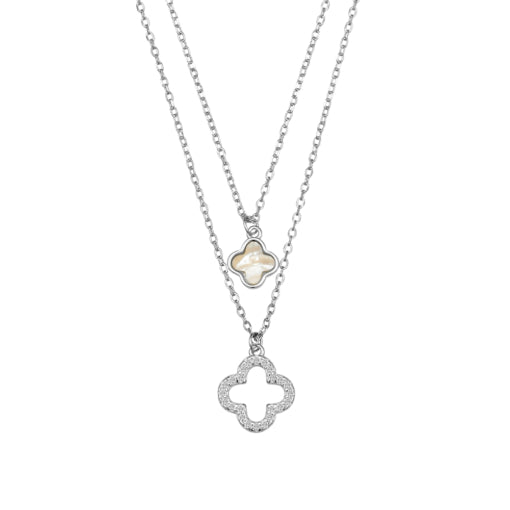 Sterling Silver Double Layered Flower Necklace With Mother Of Pearl And Cubic Zirconia