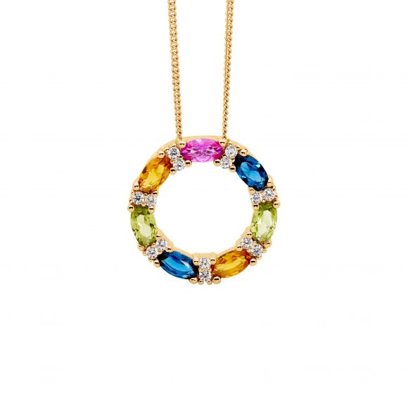 Sterling Silver Gold Plated Circle Pendant Set With Multi Colour Cubic Zirconias