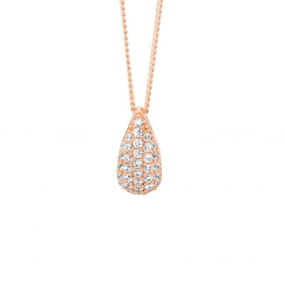 Sterling Silver Rose Gold Plated Tear Drop Pendant Set With White Cubic Zirconias
