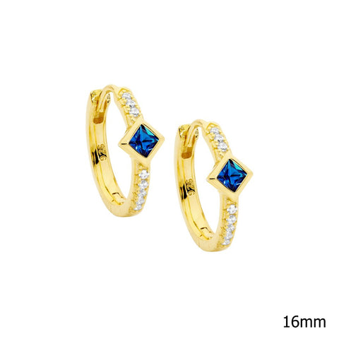 Sterling Silver Gold Plated Huggie Earrings With Dark Blue Princess Cut Cubic Zirconia
