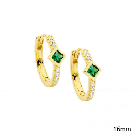 Sterling Silver Gold Plated Huggie Earrings With Green Princess Cut Cubic Zirconia