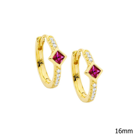 Sterling Silver Gold Plated Huggie Earrings With Red Princess Cut Cubic Zirconia