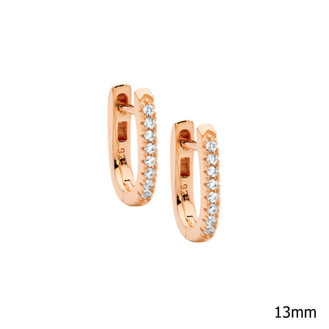 Sterling Silver Rose Gold Plated Oval Huggie Earrings With Cubic Zirconia