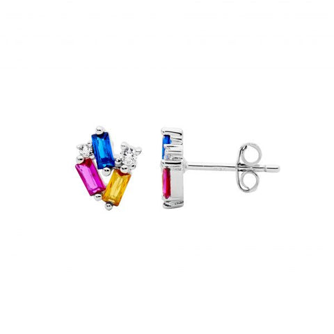 Sterling Silver Multi-Coloured Round And Baguette Cubic Zirconia Stud Earrings