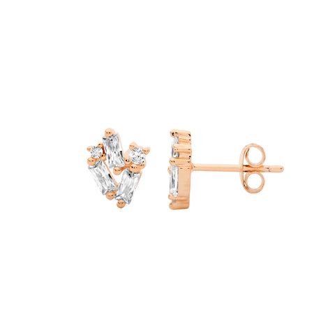 Sterling silver rose gold plated staggered round and baguette cubic zirconia stud earrings
