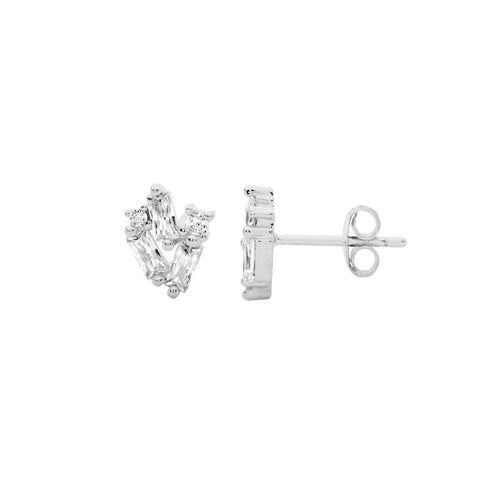 Sterling Silver Staggered Round And Baguette Cubic Zirconia Stud Earrings
