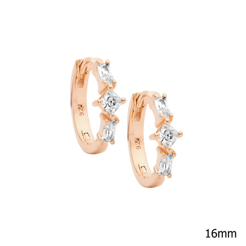 Sterling Silver Rose Gold Plated Cubic Zirconia Huggies