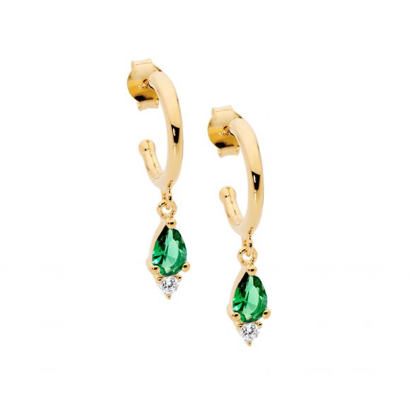 Sterling Silver Gold Plated Half Hoop Earrings With Green And Clear Cubic Zirconia Drops