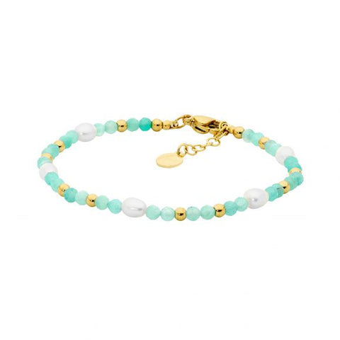Stainless Steel Amazonite, Gold Plated Beads & Freshwater Pearl Bracelet