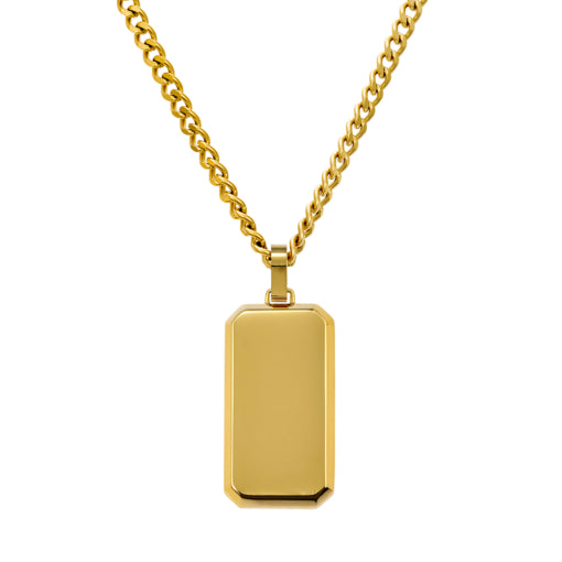 Stainless Steel Gold Plated Cuban Chain Necklace With Bevelled Edge Dog-Tag Pendant