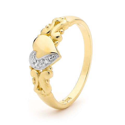 9ct Yellow Gold Diamond Set Heart Signet Ring