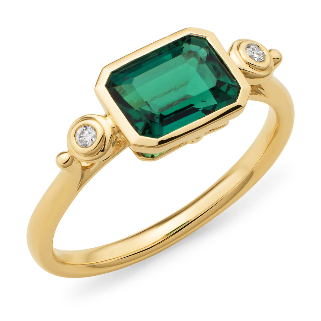 9ct Yellow Gold Created Emerald and Diamond Ring