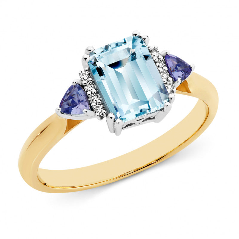 9ct Yellow Gold Aquamarine and Tanzanite Ring