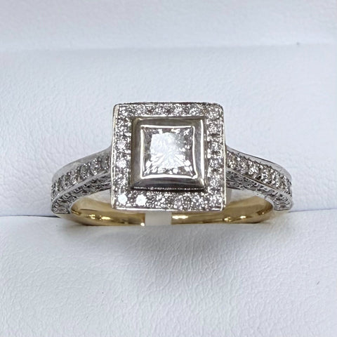 18ct White And Yellow Gold Princess Cut Halo Engagement Ring