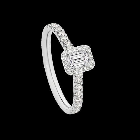 18ct White Gold Emerald Cut Diamond Halo Engagement Ring