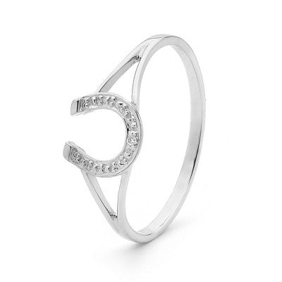 9ct White Gold Horse Shoe Ring With Diamonds