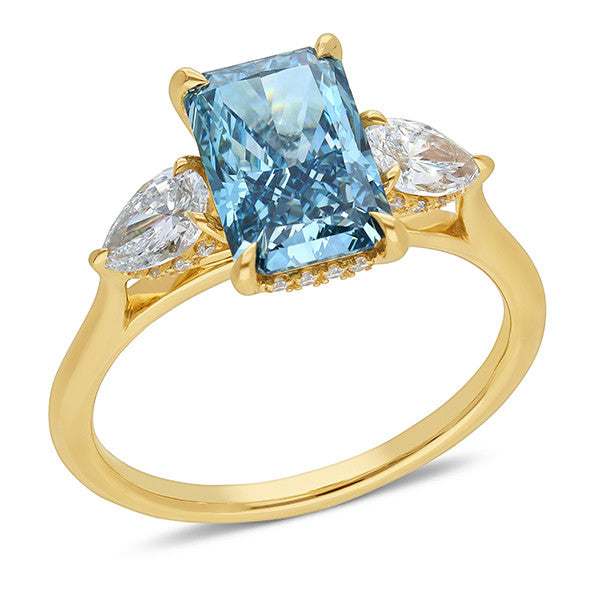 14ct Yellow Gold Blue Lab Grown Emerald Cut Diamond Ring