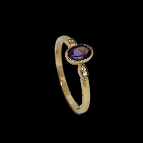 9ct Yellow Gold Amethyst and Diamond Bezel Set Ring