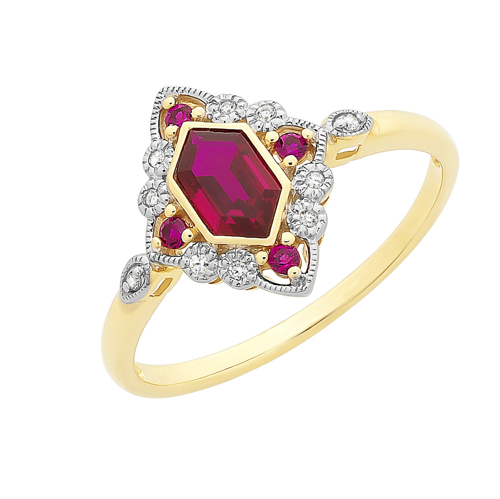 9ct Created Ruby & Diamond Vintage Style Ring