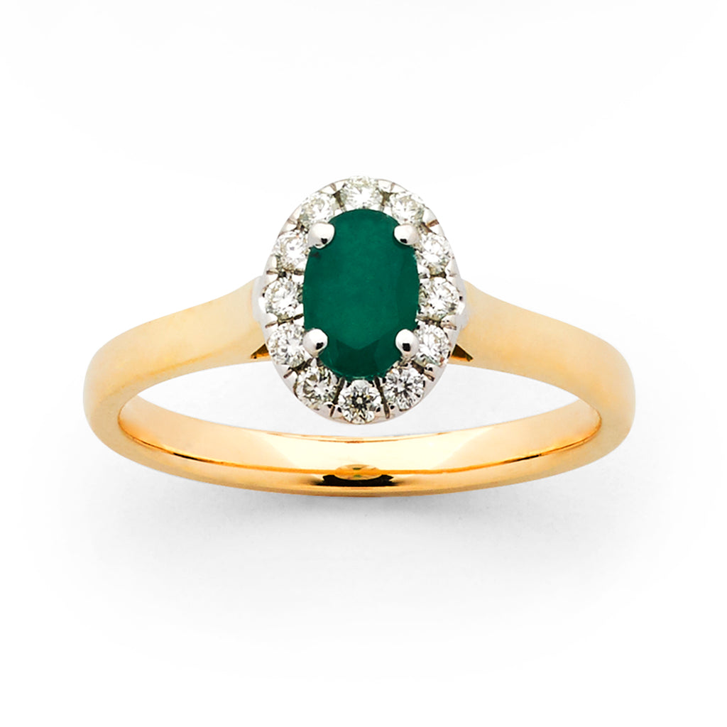 9ct Yellow Gold Oval Emerald and Diamond Ring