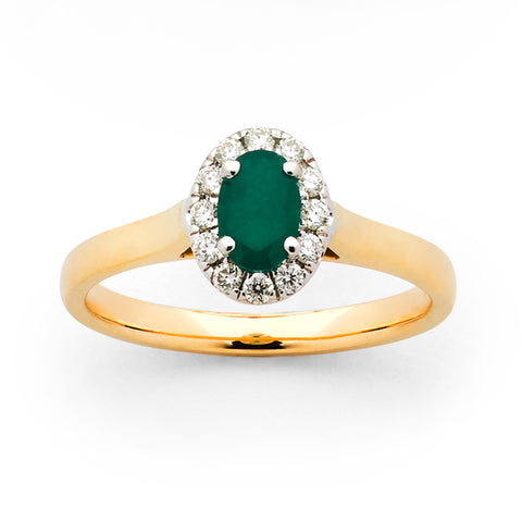 9ct Yellow Gold Oval Emerald and Diamond Ring