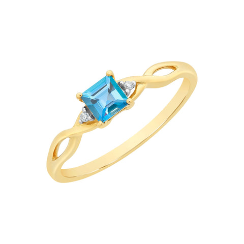 9ct Yellow Gold Princess Cut London Blue Topaz & Diamond Ring