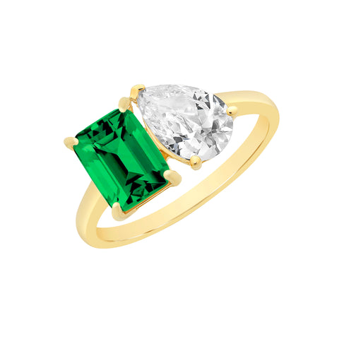 9ct Yellow Gold Created Emerald & Cubic Zirconia "Toi et Moi" Ring