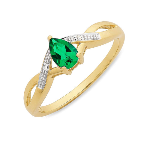 9ct Yellow Gold Created Emerald & Diamond Ring